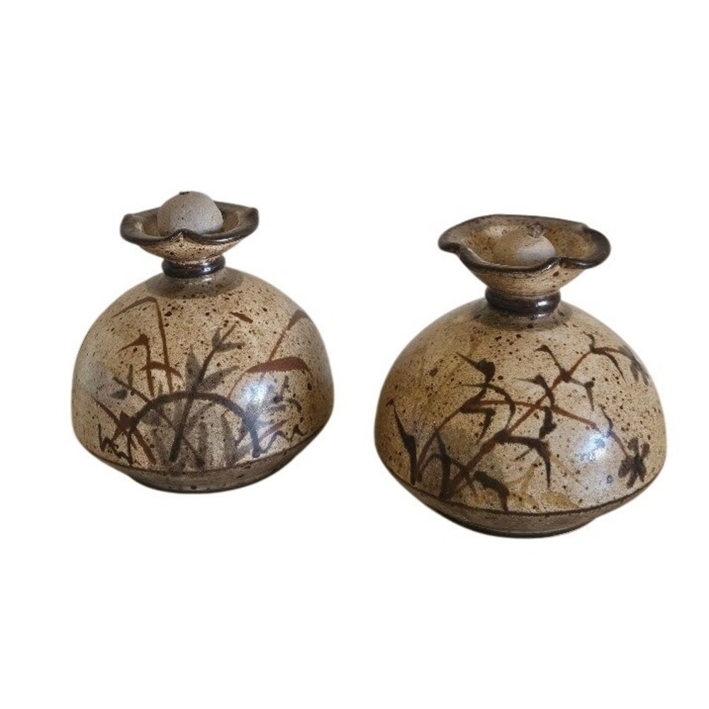 Vintage Studio Pottery Oil Lamps Set of 2 Hand Painted Speckled Stoneware Signed